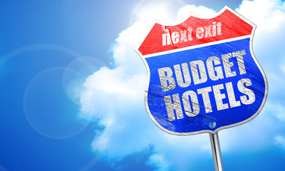 budget hotels, 3D rendering, blue street sign