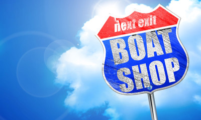 boat shop, 3D rendering, blue street sign