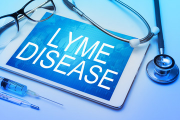 Lyme Disease word on tablet screen with medical equipment on background
