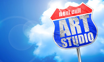 art studio, 3D rendering, blue street sign