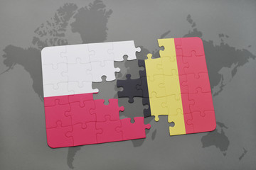 puzzle with the national flag of poland and belgium on a world map background.