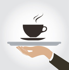 waiter serve coffee hot drink icon , dish up coffee vector