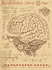 Frankenstein Diary with mechanical human brain, eye and formulas
