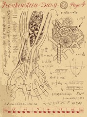 Frankenstein Diary with steampunk mechanism in human anatomy hand