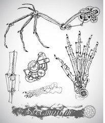 Fantasy monster wing, leg and hand with vintage mechanism in steampunk style