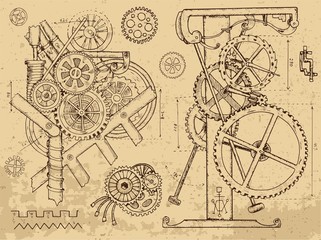 Old mechanisms and machines in steampunk style