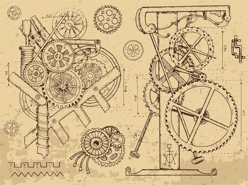 Old mechanisms and machines in steampunk style