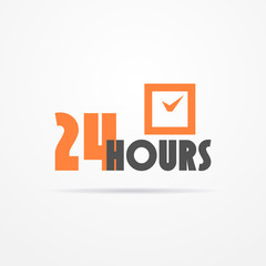 Isolated 24 hours label in graphic style with stylized clock and shadow. Emblem vector stock image.