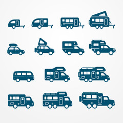 Set of camping car icons in flat silhouette style. Travel SUV, pickup, truck and trailer icons. Transport vector stock illustration.