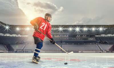 Hockey player on ice  . Mixed media