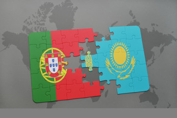 puzzle with the national flag of portugal and kazakhstan on a world map background.