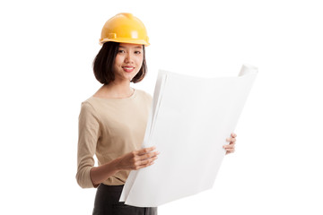 Asian engineer woman with blueprints