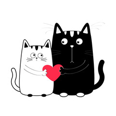 Cute cartoon black white cat boy and girl holding red heart. Kitty couple on date. Big mustache whisker. Funny character set. Happy family. Love greeting card. Flat design. Baby background. Isolated.