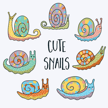 Fototapeta Set of 7 funny colorful snails. Set of vector elements