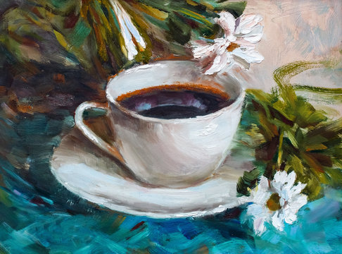 painting texture oil painting still life, a cup of coffee drink