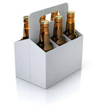 Six red bottles of beer in white carton packaging