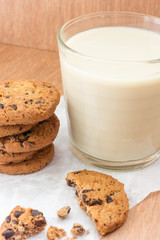 Chocolate chip cookies and a glass of milk on a wooden background.