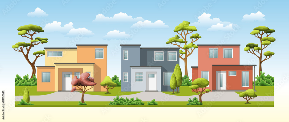 Wall mural illustration of three modern family house with trees