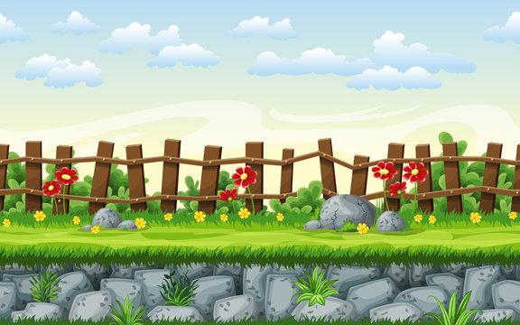 Seamless nature cartoon background, vector illustration with separate layers