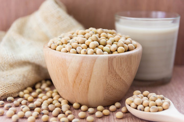 Glass with Soy Milk and beans on wooden background