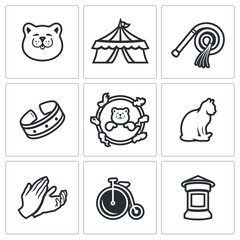Vector Set of Cat Circus Icons. Kitty, Tent, Whip, Collar, Stunt, Applause, Bicycle, Poster. 