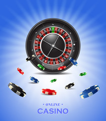 Casino background with roulette and flying chips.