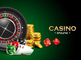 Casino background with dice, golden coins, cards, roulette and chips.