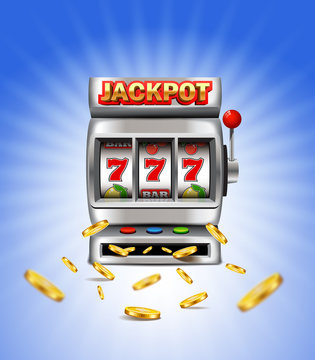 Slot machine with lucky seven and flying golden coins isolated on a white background.