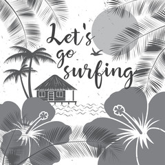 Let's go surfing design. Vector Summer surfing retro banner. Surfing concept for shirt or logo, print, stamp. Surf icon design. - stock vector.