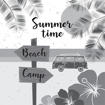 Summer time. Vector summer surf camp retro banner. Surfing concept for shirt or logo, print, stamp. Surf icon design. - stock vector.