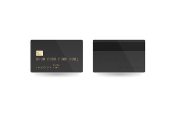 Blank black credit card mockup isolated, clipping path, front and back side, 3d illustration. Empty plastic card mock up. Clear surface gray bank card with electronic chip. Debit card design template.