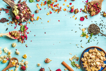 Different herbs for making healthy tea: mint, cinnamon, dried rose in bowl, camomile flowers in spoons over blue painted background, top view, copy space, horizontal composition © sonyakamoz