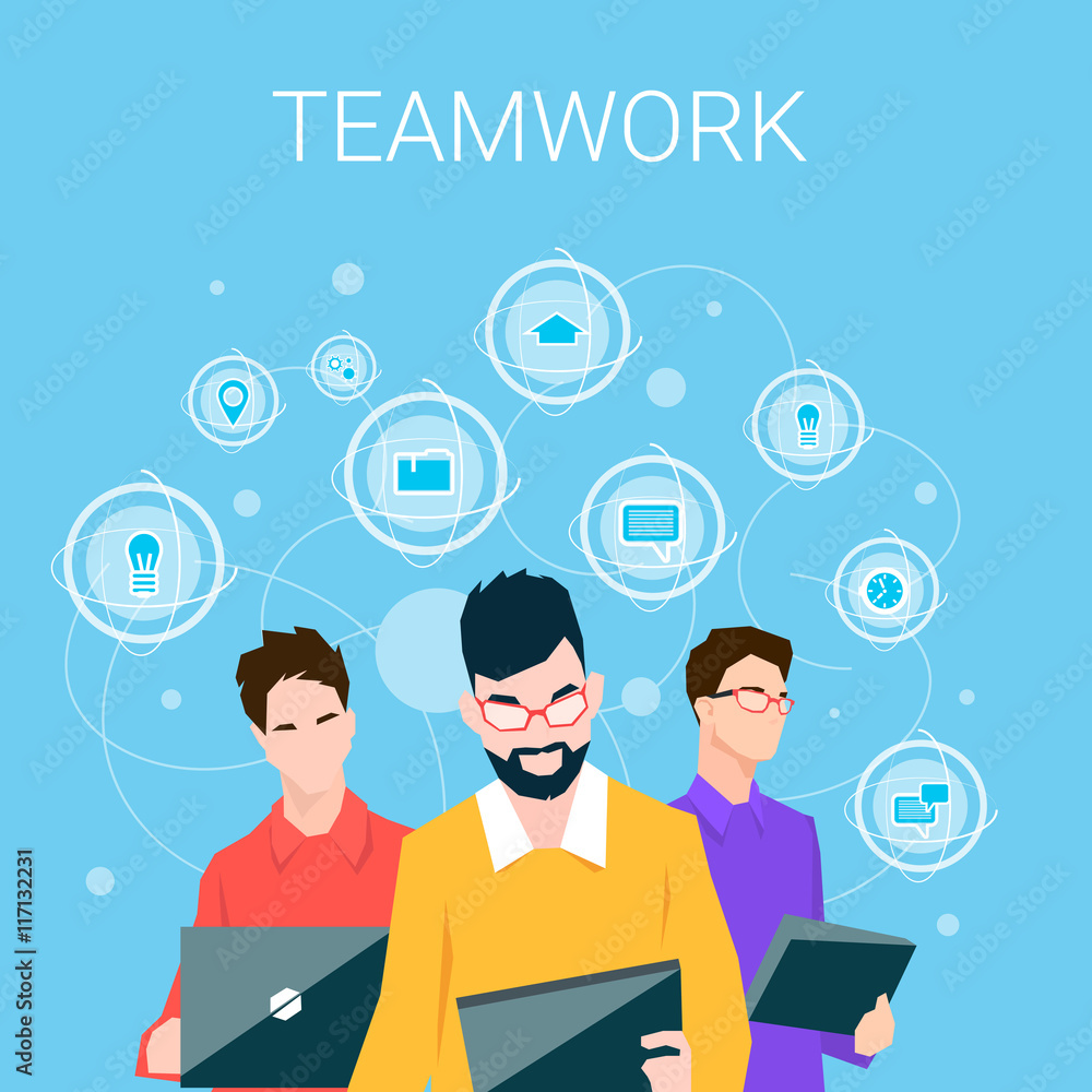 Poster business people group using electronic computer digital device programmers teamwork