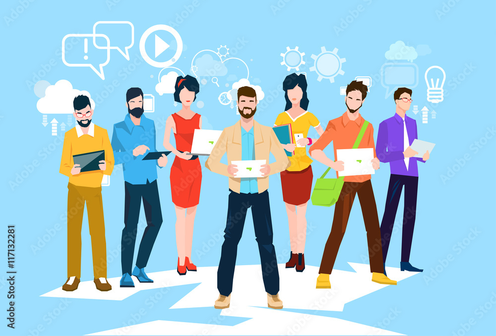 Poster business people group using electronic computer digital device programmers teamwork