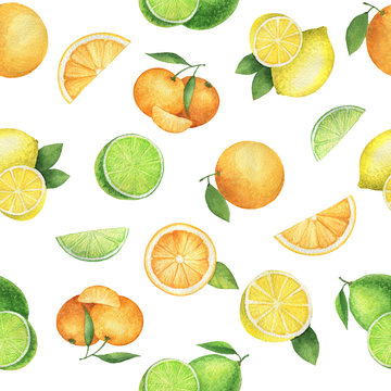 Watercolor seamless pattern with juicy oranges, mandarins, lemons and lime.