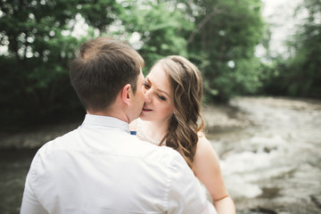 Fototapeta premium elegant stylish happy brunette bride and gorgeous groom on the background of a beautiful waterfall in the mountains