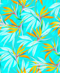 watercolor bird of paradise tropical seamless pattern.