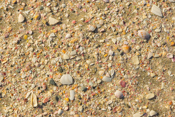 Beach background made of sand pebble and broken seashells.Top view,