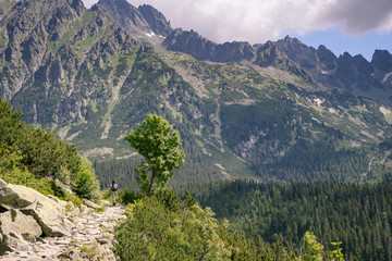 Female hiker on a mountain trail. Hiking in High Tatras, Slovakia.