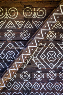 Close view of decoration of log houses used in village of Cicmany, UNESCO World Heritage Site, Slovakia