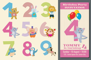 Kids birthday anniversary numbers with cartoon animals vector illustration