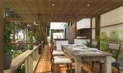 3D rendering contemporary wood dining room with plants