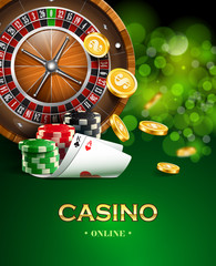 Casino background with golden coins, cards, roulette and chips.