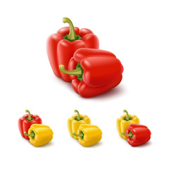 Vector Set of Colored Yellow and Red Sweet Bulgarian Bell Peppers, Paprika Isolated on White Background