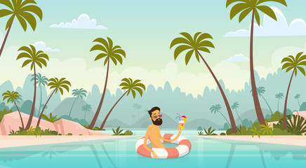 Man Swimming With Lifebuoy Summer Vacation Sea Shore Sand Beach Blue Sky Sun © mast3r