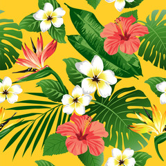 Tropical flowers and leaves on yellow background. Seamless. Vector.