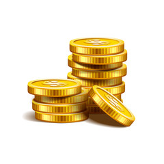 Stacks of golden coins isolated on a white background.
