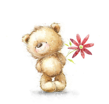 Naklejki Cute Teddy bear with the red flower. Background with bear and flowers. Hand drawn teddy bear isolated on white background.Valentines greeting card. Love design.I love you. Birthday greeting card.