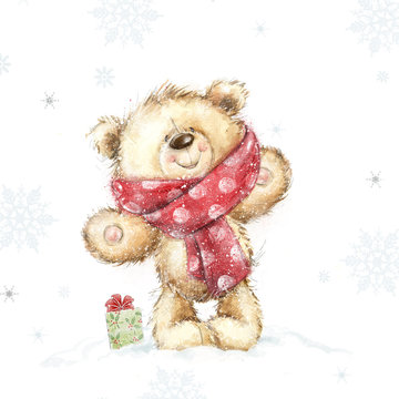 Cute teddy bear with the  gift .Childish illustration in sweet colors.Background with bear and gift. Hand drawn teddy bear.Christmas greeting card. Merry Christmas. New year
