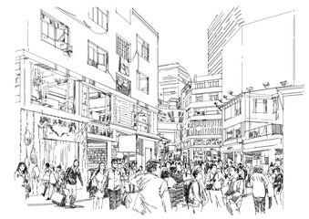 sketch of crowd of people in shopping street